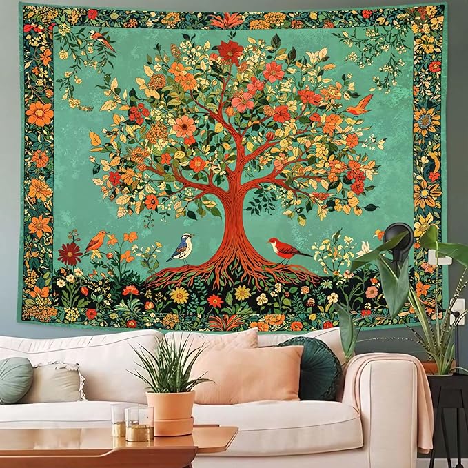 Zussun Boho Tree of Life Tapestry Vintage Nature Green Pink Plant Floral Flowers Leaves Birds Tapestries for Bedroom Aesthetic Retro Indian Tapestry Wall Hanging for Dorm Living Room 60 x 44 Inch