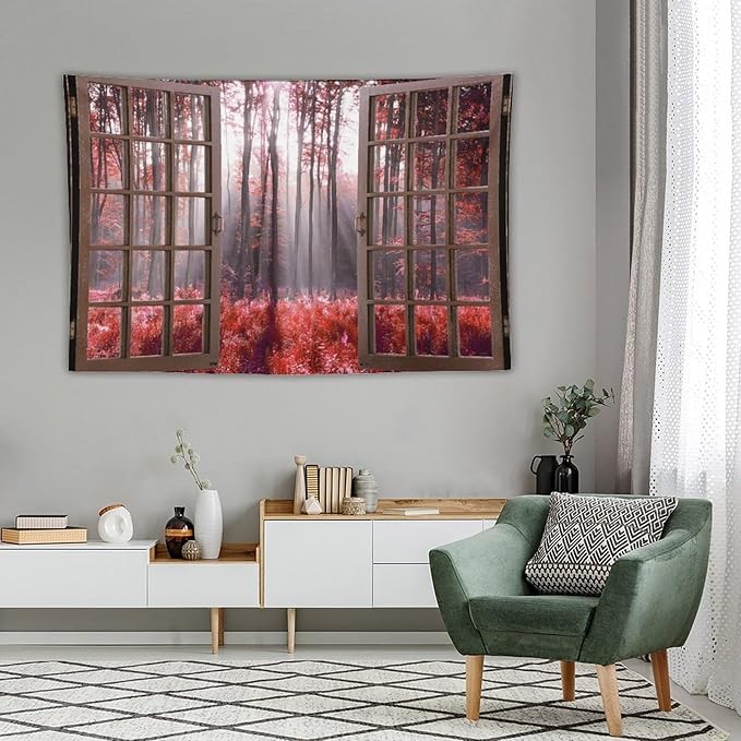 ZhiRain Red Forest Tapestry Wall Hanging Season Foggy Nature And Enchanted Woods Wild Trees Print Tapestries Home Decor for Living Room Bedroom Apartment Farmhouse Dorm 60"x90"