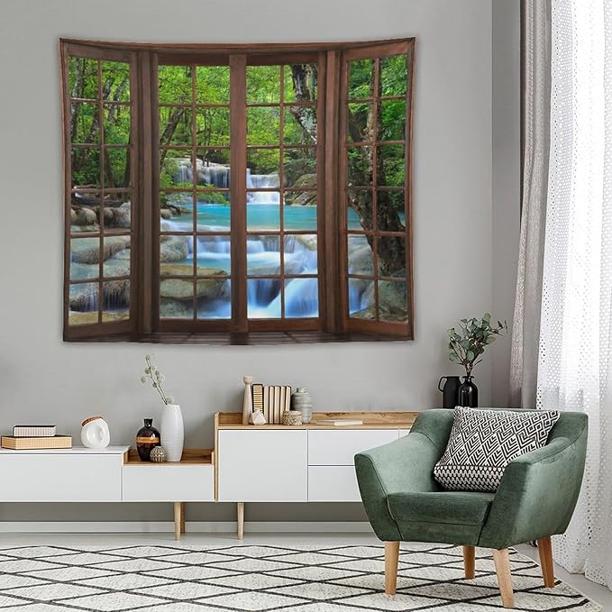 ZhiRain Waterfall Tree Landscape Tapestry Wall Hanging Natural Scenery Forest Garden Spring Stone River Tapestries Home Decor for Living Room Bedroom Apartment Farmhouse Dorm 50"x60"