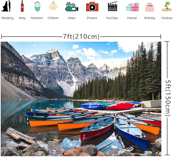 ZHXYMMS Mountain Lake Backdrop Banff National Park Lake Forest Scenery Photography Background Canadian Rockies Pine Trees Lakeside Canoe Outdoor Decorations Banner Photo Booth Studio Props 7x5ft