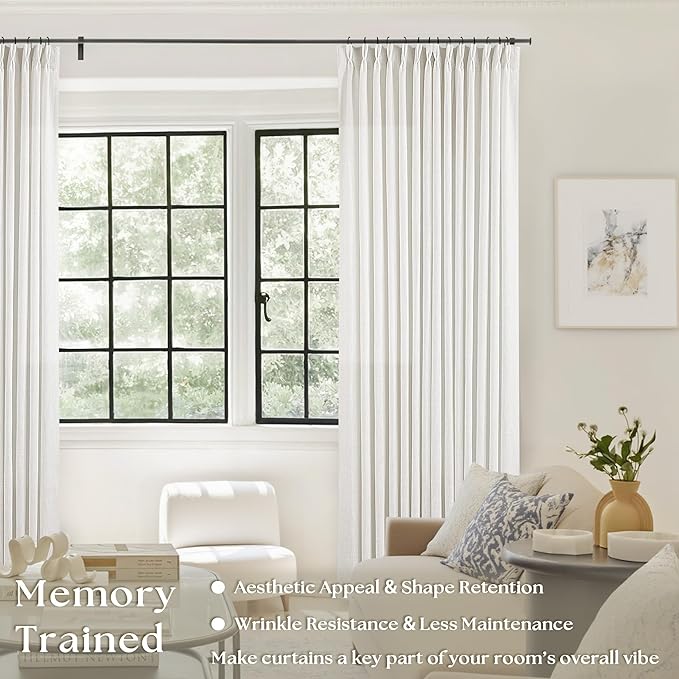 86 Inch Pinch Pleated Linen Curtains 2 Panels for Living Room Bedroom Memory Training Shaped Semi Sheer Pleat Drapes with Hooks Rings Light Filtering Window Curtain 40x86 Beige White