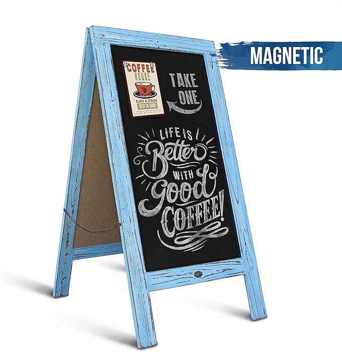 A Frame Chalkboard by HBCY Creations: 40x20 Solid Wood A-Frame Sign Robin Blue Double-Sided Magnetic Board, Chalkboard Menu Board, for Restaurants, Cafés, Weddings - Heavy Duty Hinges