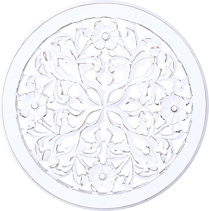 Woodify Hand-Carved Wooden Wall Décor – Set of 4, 12" x 12" Decorative Wood Panels, Floral Design, White Antique Finish, Wall Art for Living Room & Home Décor