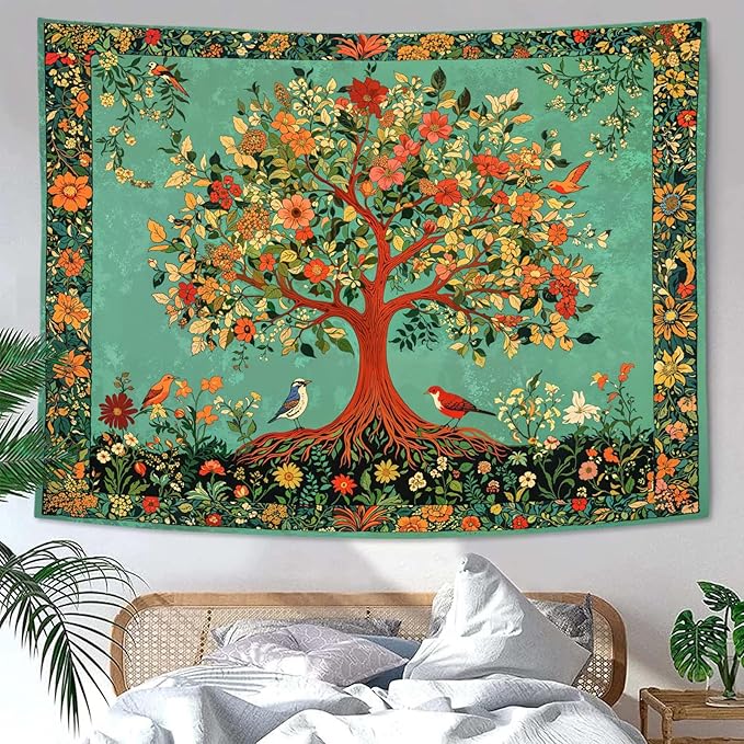 Zussun Boho Tree of Life Tapestry Vintage Nature Green Pink Plant Floral Flowers Leaves Birds Tapestries for Bedroom Aesthetic Retro Indian Tapestry Wall Hanging for Dorm Living Room 48 x 36 Inch
