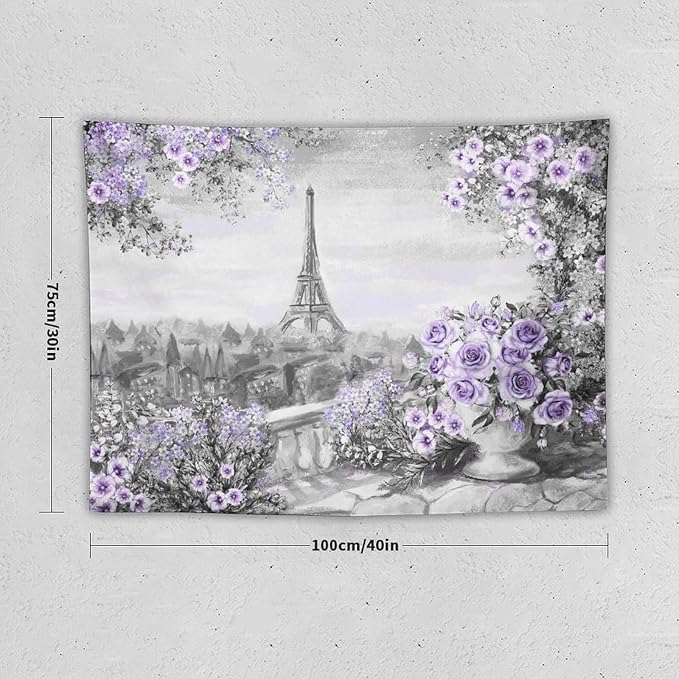 ZhiRain Vintage Paris Tapestry Wall Hanging Eiffel Tower Purple Rose Flower Spring Cityscape Gray Tapestries Home Decor for Living Room Bedroom Apartment Farmhouse Dorm 30"x40"