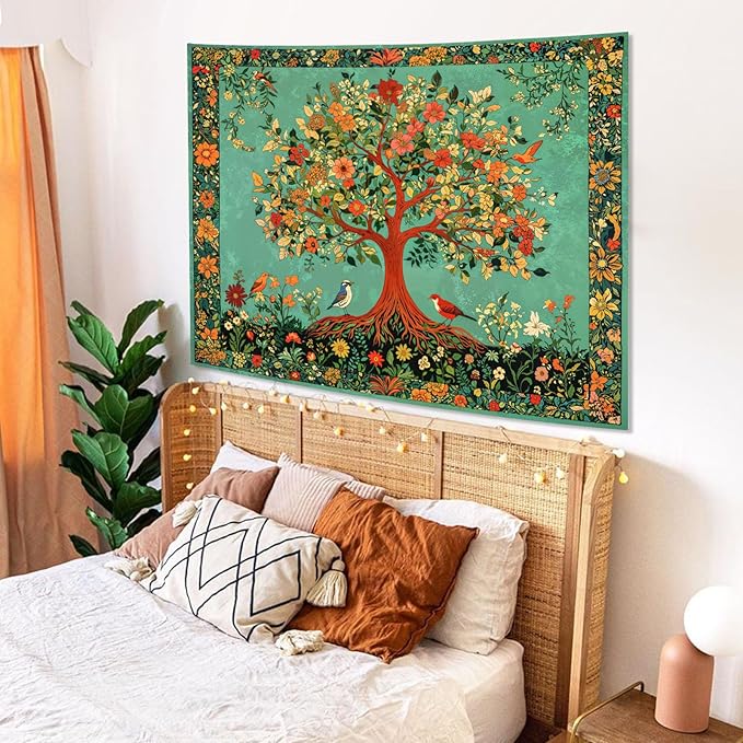 Zussun Boho Tree of Life Tapestry Vintage Nature Green Pink Plant Floral Flowers Leaves Birds Tapestries for Bedroom Aesthetic Retro Indian Tapestry Wall Hanging for Dorm Living Room 48 x 36 Inch