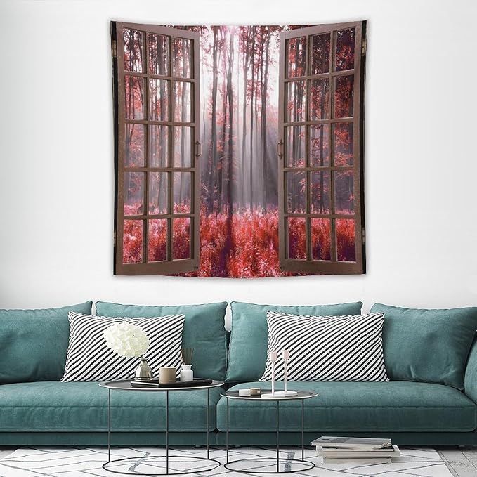 ZhiRain Red Forest Tapestry Wall Hanging Season Foggy Nature And Enchanted Woods Wild Trees Print Tapestries Home Decor for Living Room Bedroom Apartment Farmhouse Dorm 60"x60"