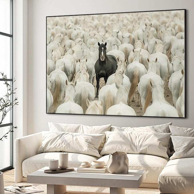 36"x46" XL Framed Wall Art - Unique Black Horse Amidst White Herd Animal (Frame Assembly Required)