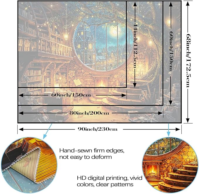 Yeoiat Tapestry Magical Winter Library Tapestries Round Window Wall Hanging Snowy Village Cottagecore Decor Bedroom Dormitory 60"x44"