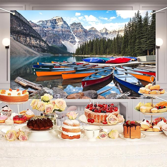 ZHXYMMS Mountain Lake Backdrop Banff National Park Lake Forest Scenery Photography Background Canadian Rockies Pine Trees Lakeside Canoe Outdoor Decorations Banner Photo Booth Studio Props 7x5ft