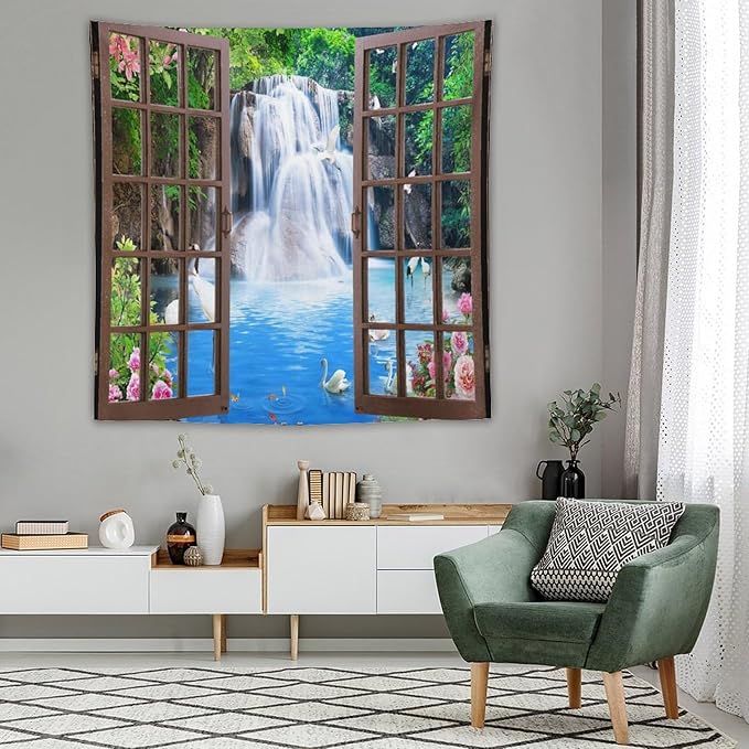 ZhiRain Waterfall Landscape Tapestry Wall Hanging Natural Forest Garden Trees And Roses Flower Scenery Tapestries Home Decor for Living Room Bedroom Apartment Farmhouse Dorm 60"x60"