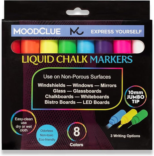 10mm JUMBO Tip Liquid Chalk Drawing Markers for Car Windows, Auto Windshields, Mirrors, White Boards, Retail + Restaurant Signs. Erasable Chalk Markers – Washable – Neon 8pck - 3 writing options