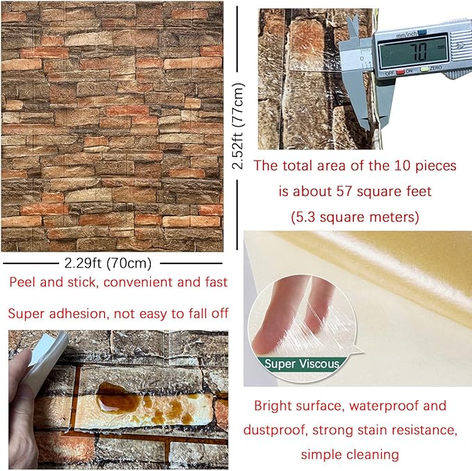 Yutianli 7mm Thick Anti-Collision self Adhesive 3D Wall Panels Peel and Stick,10-Pack 57 Sq.Ft Antique Faux Brick Wall Panels Foam Faux Stone Wallpapers for Bedroom (10, Style A)