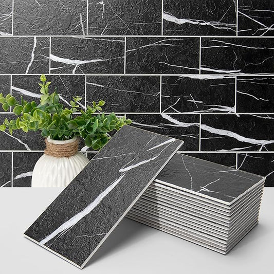 Art3d 102-Piece Faux Stone Peel and Stick Backsplash Tile, Waterproof Thick PVC Stick On Subway Wall Tile for Kitchen Bathroom Laundry Room Fireplace - 3" x 6" Black Marble