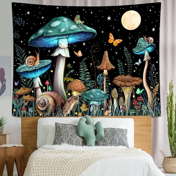 Zussun Teal Mushroom Tapestry Moon Star Tapestries for Bedroom Aesthetic Starry Night Green Plant Tapastrys Wall Hanging Butterfly Snail Frog Wall Tapestry for Living Room Dorm (Green, 90" x 68")