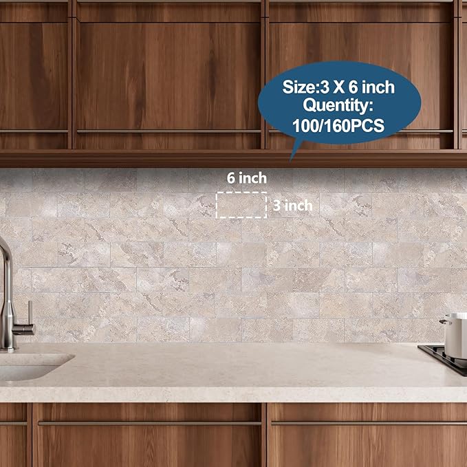 Yipscazo 160 Pieces Peel and Stick backsplash 3 x 6 Inches 3D PVC Composite Wall Tile Stick on Backsplash Tile for Kitchen Bathroom, Laundry Room, Fireplace in Beige Stone Texture