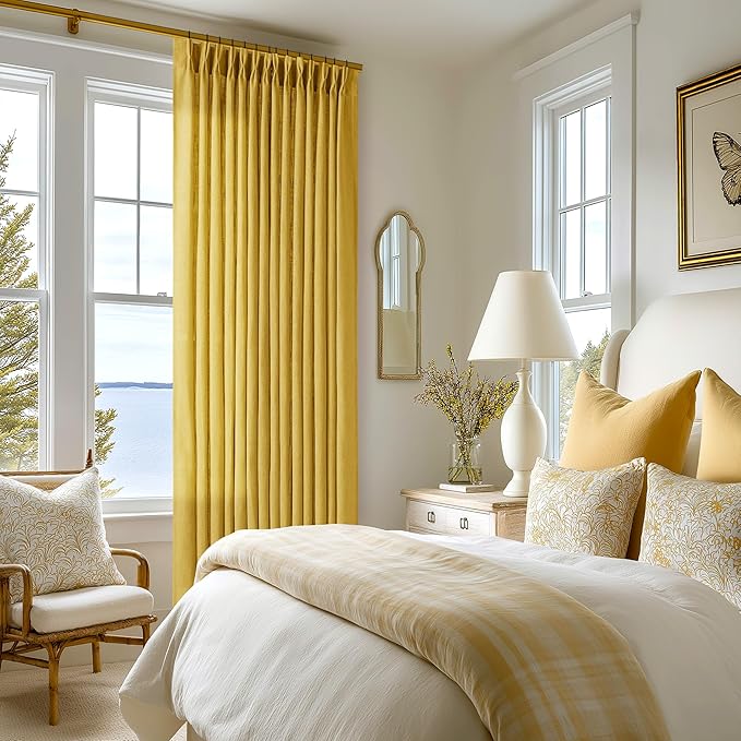 80 Inch Pinch Pleated Linen Curtains 2 Panels for Living Room Bedroom Boho Farmhouse Mustard Yellow Semi Sheer Back Tab Pinch Pleat Hooks Rings Window Curtain Harvest Gold Yellow Spring Decor