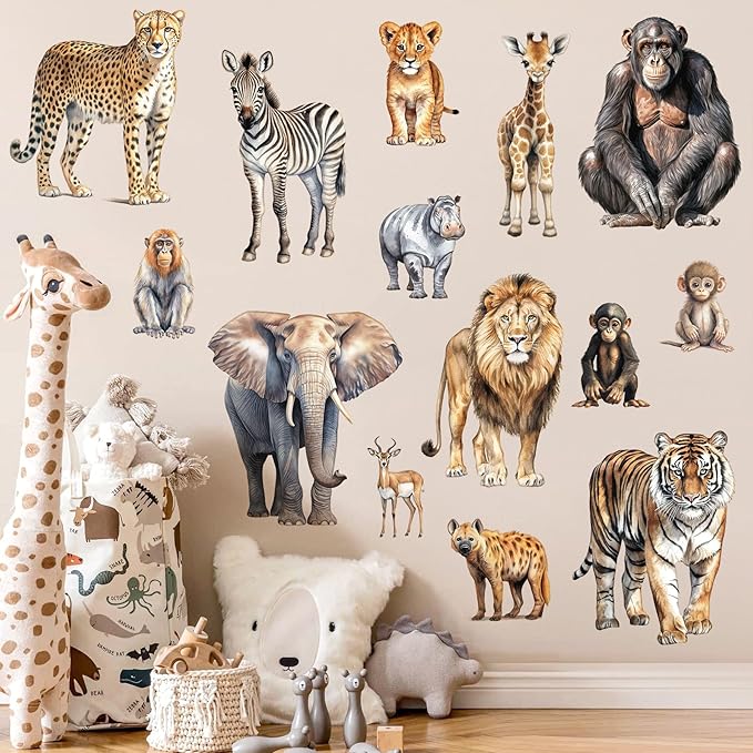 AM AMAONM Removable 3D Nature Jungle Wild Animals Wall Stickers DIY Peel and Stick Safari Tiger Lion Elephant Wall Decals Aniaml Wall art Decor for Kids Baby Bedroom Nursery Living Room (Anaiml Party)