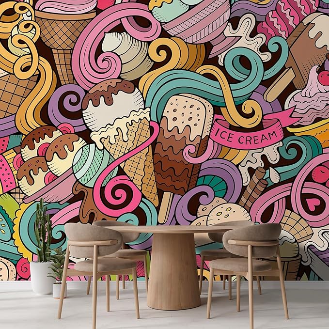wall26 Cartoon Hand-Drawn Ice Cream Doodles Seamless Pattern Removable Wall Mural Self-Adhesive Large Wallpaper - 96x144 inches