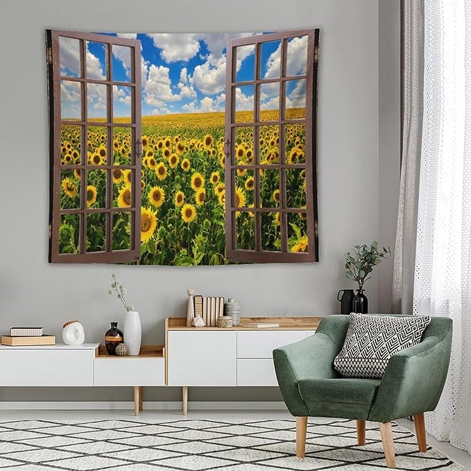 ZhiRain Sunflowers Scenery Tapestry Wall Hanging Fields Blue Sky White Clouds Landscape Tapestries Home Decor for Living Room Bedroom Farmhouse Apartment Dorm 50"x60"