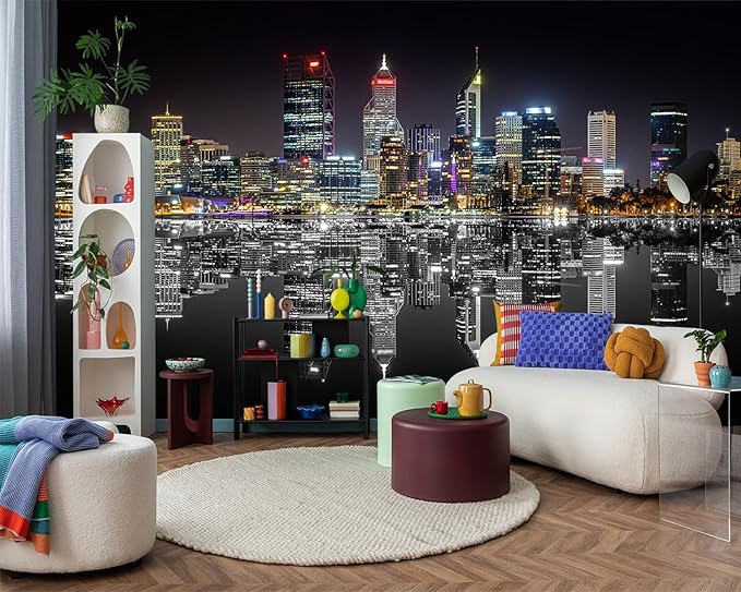YIHWM -City Night View Backdrop Large Fabric Wallpaper Living Room Bedroom Bathroom Wall Mural- 137"x96"（ not Peel and Stick）