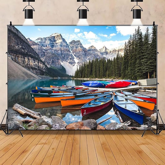 ZHXYMMS Mountain Lake Backdrop Banff National Park Lake Forest Scenery Photography Background Canadian Rockies Pine Trees Lakeside Canoe Outdoor Decorations Banner Photo Booth Studio Props 10X7ft
