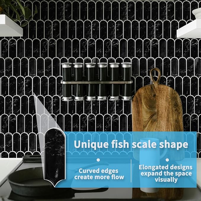 Art3d 10-Sheet Peel and Stick Kitchen Backsplash Tile, Vinyl Stick On Wall Tile Sticker for Bathroom Laundry Room Back Splashes, 12"x12" Black Marble