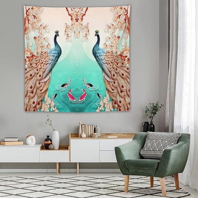 ZhiRain Peacock Tapestry Wall Hanging Retro Floral Elegant Vintage Feather Flower Theme Koi Fish Tapestries Home Decor for Living Room Bedroom Farmhouse Apartment Dorm 60"x60"