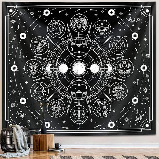 Zodiac Astrology Tapestry - Black and White Constellation Wall Hanging for Teen Girl's Bedroom, Living Room, Dorm (51x59 inches)