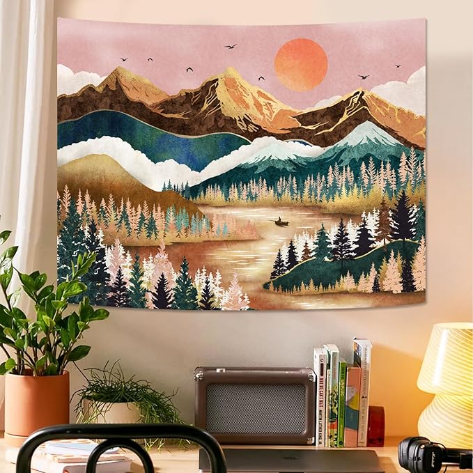 Zussun Mountain Tapestry Nature Forest Tree Tapestries for Bedroom Aesthetic Sunset Tapastry's Wall Hanging Orange and Green Landscape Wall Tapestry for Living Room Dorm (Orange, 48'' × 36'')