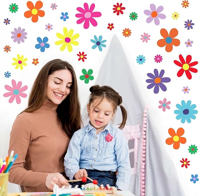 12 Sheets Daisy Wall Decals Boho Flower Wall Stickers Cute Kids Girls Room Decor Peel and Stick Floral Decals Toddler Nursery Playroom Living Room Bedroom Classroom Retro Hippie Decor Bright Style