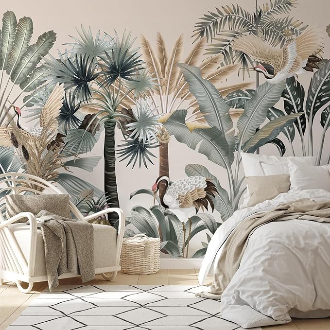 Zeeko Tropical Wall Mural 148" W x 110" H Jungle Forest Peel and Stick Wall Mural Self-Adhesive Crane & Palm Tree Leaf Design Removable Large Wallpaper for Bedroom Living Room Accent Wall