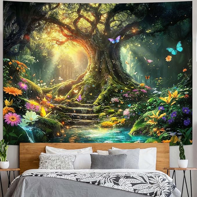 Zussun Fantasy Forest Tapestry Green Tree of Life Fairy Wall Tapestry for Bedroom Aesthetic Nature Floral Butterfly Small Tapestries Wall Hanging for Dorm Living Room Decor 48 x 36 Inch