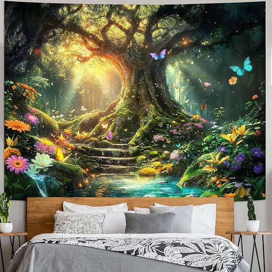 Zussun Fantasy Forest Tapestry Green Tree of Life Fairy Wall Tapestry for Bedroom Aesthetic Nature Floral Butterfly Small Tapestries Wall Hanging for Dorm Living Room Decor 48 x 36 Inch