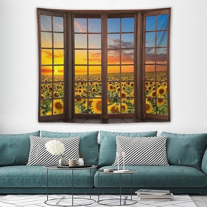 ZhiRain Sunflowers Landscape Tapestry Wall Hanging Through The Window Fields Sunset Scenery Tapestries Home Decor for Living Room Bedroom Apartment Farmhouse Dorm 50"x60"