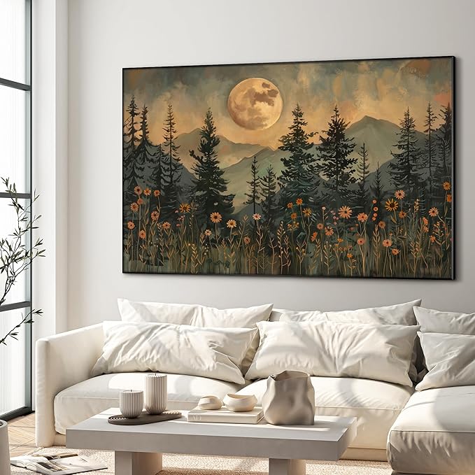 46"x72" XL Framed Wall Art - Enchanted Forest Nightscape with Moon Nature (Frame Assembly Required)