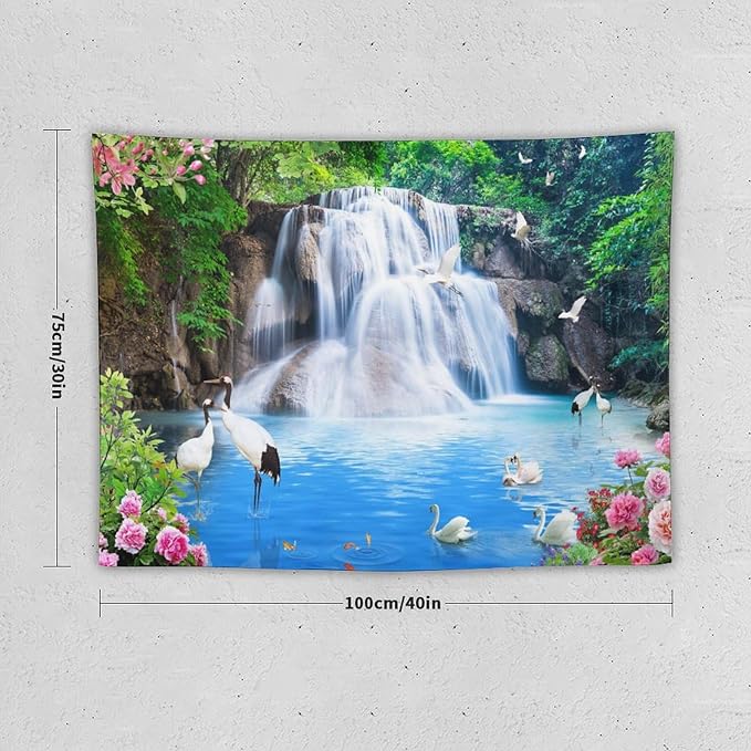 ZhiRain Waterfall Landscape Tapestry Wall Hanging Natural Forest Garden Trees And Roses Flower Scenery Tapestries Home Decor for Living Room Bedroom Apartment Farmhouse Dorm 30"x40"