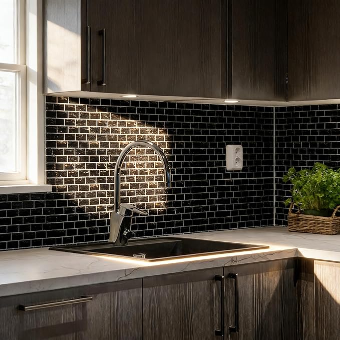 3D Wall Panels,3D Brick Wallpaper Peel and Stick,Faux Brick Wall Panel,10PCS of 11.8" x 11.8" Black Brick Wallpaper Stick on Tile for Kitchen, Bedroom, Living Room,TV Background.