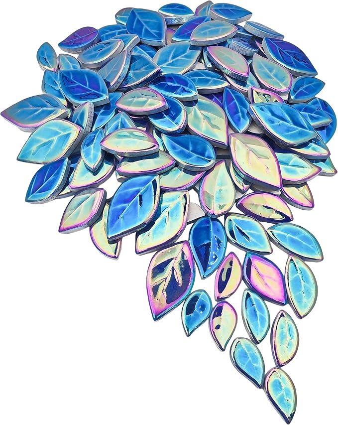 500g/1.1lb Leaf-Shaped Ceramic Mosaic Tiles,Ceramic Mosaic Pieces for Crafts,Mosaic Tiles for Home Decoration or DIY Crafts,Mosaic Making Supplies. (Iridescent Royal Blue)
