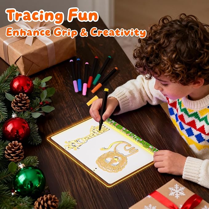 16" LumiBoard LED Drawing Board for Kids - 7 Colors & 10 Modes Rechargeable Acrylic LED Note Board with 7 Markers Cleaning Kit, Sketching & Birthday Gifts for Kids/Girls/Teens（Animals）