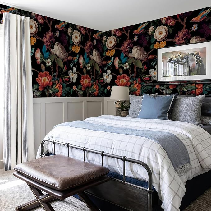 Zeeko Black Floral Mural Peel and Stick Wallpaper Removable Vintage Wallpaper Large Art Decor for Bedroom Livingroom Home 118'' x 65''