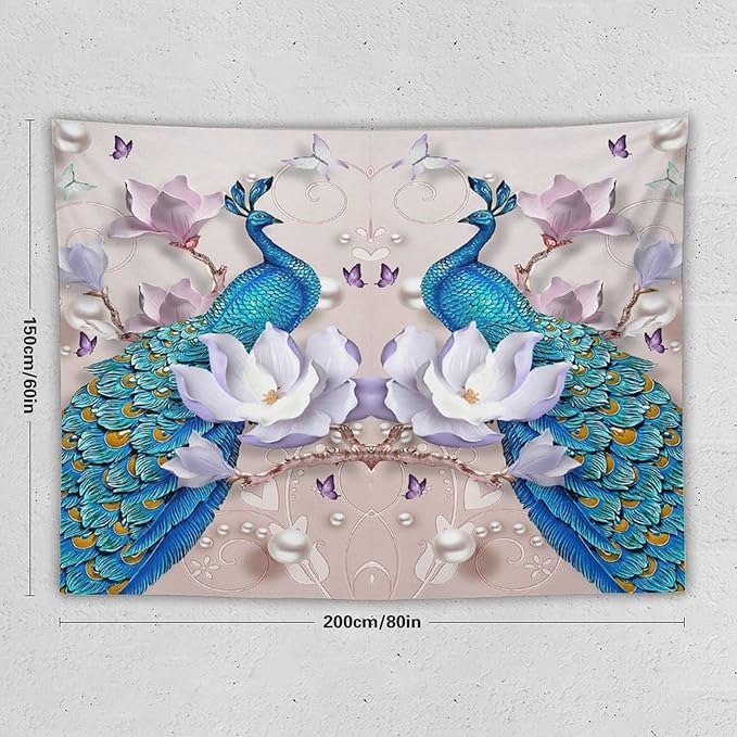 ZhiRain Peacock Tapestry Wall Hanging Beautiful Bird Flower Pearl Watercolor Pattern Print Tapestries Home Decor for Living Room Bedroom Farmhouse Apartment Dorm 60"x80"