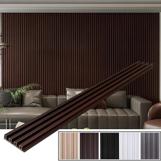 YLL YLL 6-Pack Slat Wall Panel with 2 Trims Wood Grain Slat Wall 96" x 6.2" WPC Slats 3D Wall Panels Walnut Grille