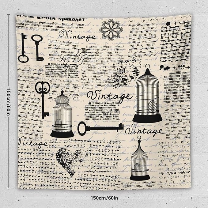 ZhiRain Old Newspaper Tapestry Wall Hanging Bird Cages Grunge Retro Pattern Keys Heart Shapes And Flower Tapestries Home Decor for Living Room Bedroom Apartment Farmhouse Dorm 60"x60"
