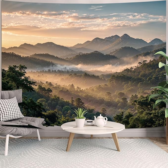 Zussun Nature Mountain Forest Tapestry Dawn Misty Green Tree Jungle Wall Tapestry for Bedroom Aesthetic Lush Sunshine Landscape Small Tapestries Wall Hanging for Dorm Living Room Decor 48 x 36 Inch