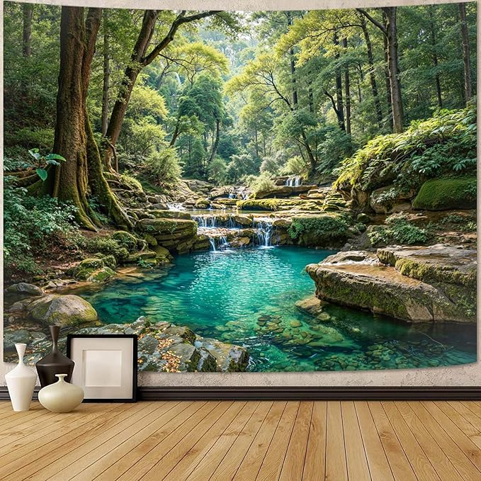 Zussun Nature Forest Tapestry Green Tree Wall Tapestry for Bedroom Aesthetic Plant Stream Pool Landscape Large Tapestries Wall Hanging for Dorm Living Room Decor 90 x 68 Inch