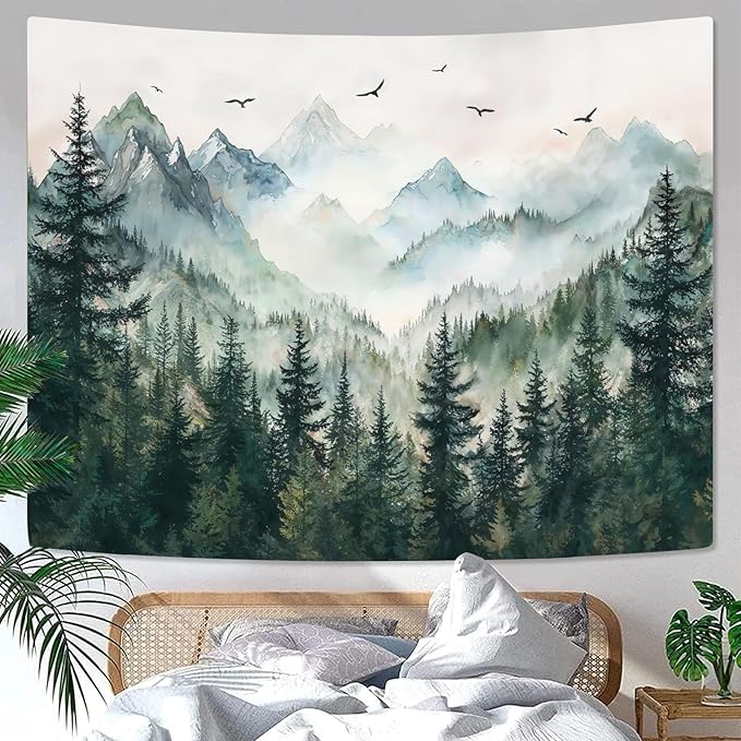 Zussun Misty Forest Mountain Tapestry Sage Green Nature Pine Tree Tapestry for Bedroom Aesthetic Watercolor Foggy Woodlands Birds Landscape Tapestries Wall Hanging for Living Room Dorm 90 x 68 Inch