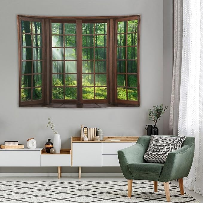 ZhiRain Forest Tapestry Wall Hanging Green Tree Full Scenery Window Jungle Wild Nature Landscape Print Tapestries Home Decor for Living Room Bedroom Apartment Farmhouse Dorm 60"x80"