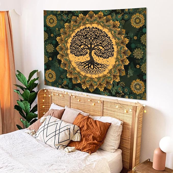 Zussun Tree of Life Tapestry Vintage Boho Mandala Tapestries for Bedroom Aesthetic Retro Bohemian Green Yellow Plant Floral Flowers Leaves Tapestry Wall Hanging for Dorm Living Room 60 x 44 Inch