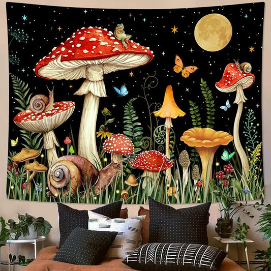 Zussun Red Mushroom Tapestry Moon Star Tapestries for Bedroom Aesthetic Starry Night Green Plant Tapastrys Wall Hanging Butterfly Snail Frog Wall Tapestry for Living Room Dorm (Black, 90" x 68")